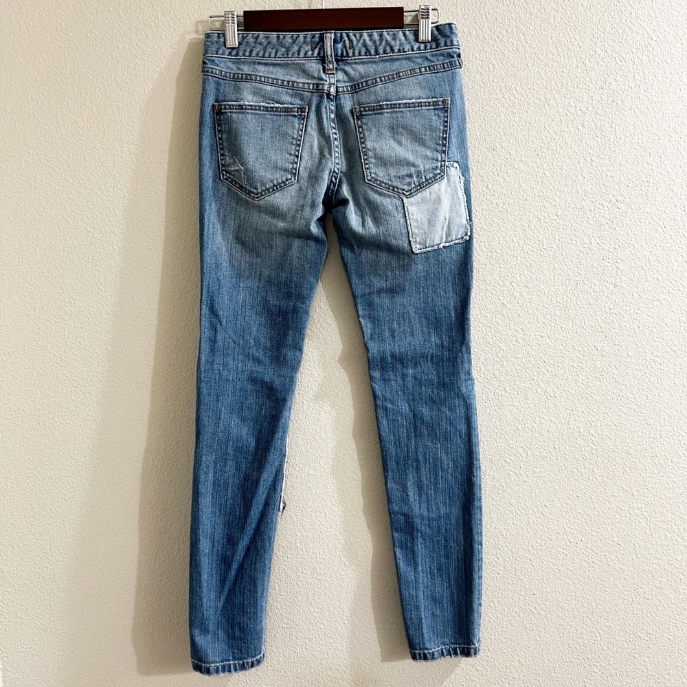 Free People Patchwork Distressed Skinny Jeans Blue Size 26 Womens Low Rise Boho - Picture 5 of 7